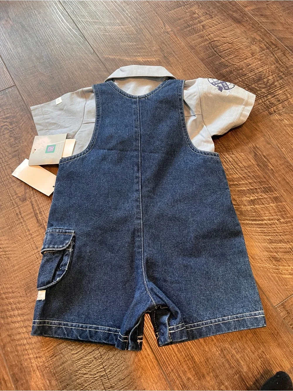 Little Me Navy Denim Short Overalls with Light Gray Polo